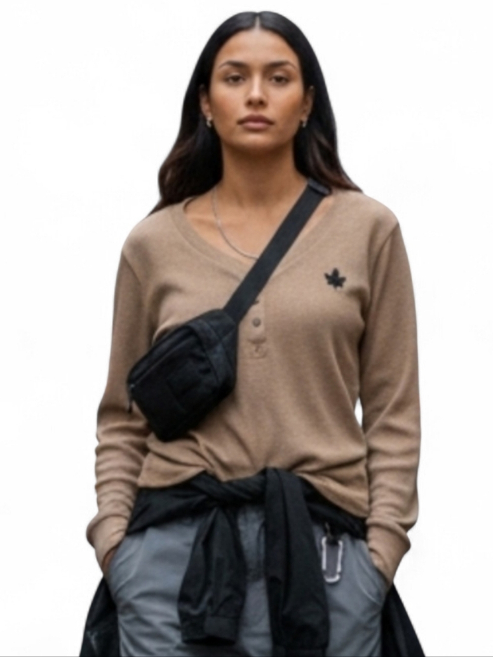 Canadiana Gorpcore Waffle Knit Henley Top XL - Earth Tones